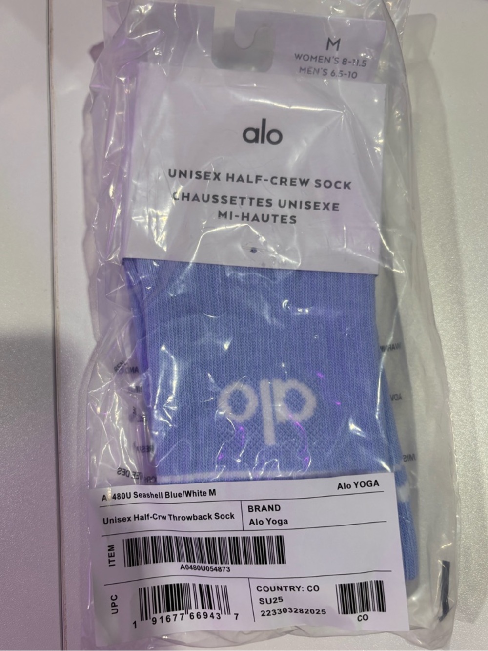 ALO UNISEX HALF CREW SOLD OUT SEASHELL BLUE SOCK